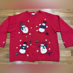 Vintage Croft & Barrow Red Christmas cardigan sweater snowman button front 3X